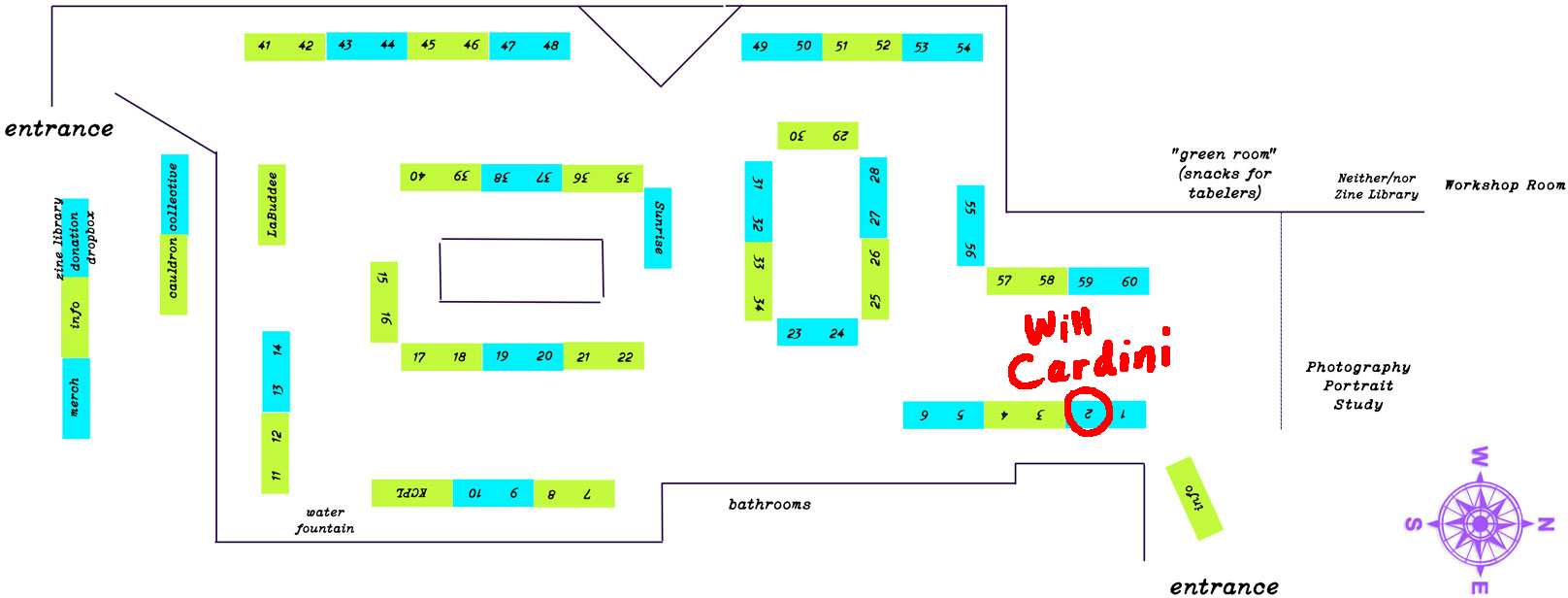 Map of KCZC9 showing how the tables will be arranged in the space with a callout for Will Cardini's table